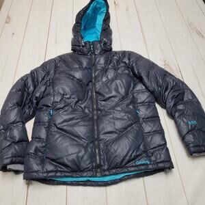 Cabelas 650 goose down puffer jacket winter coat hooded navy blue